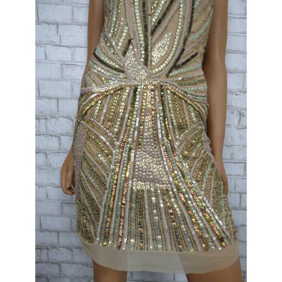 $1400 Jean Louis Scherrer Sequin Beaded Beize Mini Sheath Dress Small NEW - Picture 3 of 13